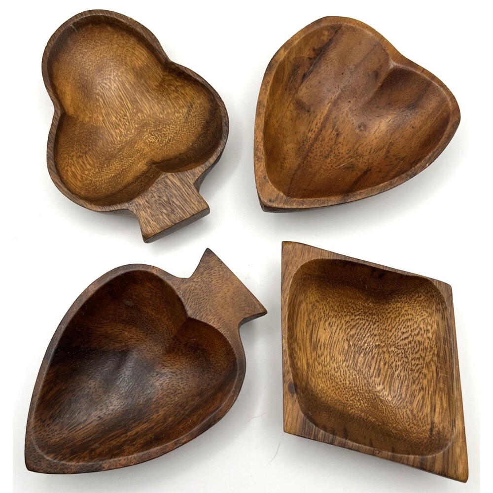 Set of 4 Playing Cards Suits Wood Snack Nut Dishes Trinket Trays